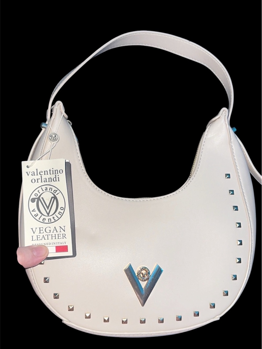 Valentino Orlandi Cream Vegan Leather Crescent Shoulder Bag with Studs
